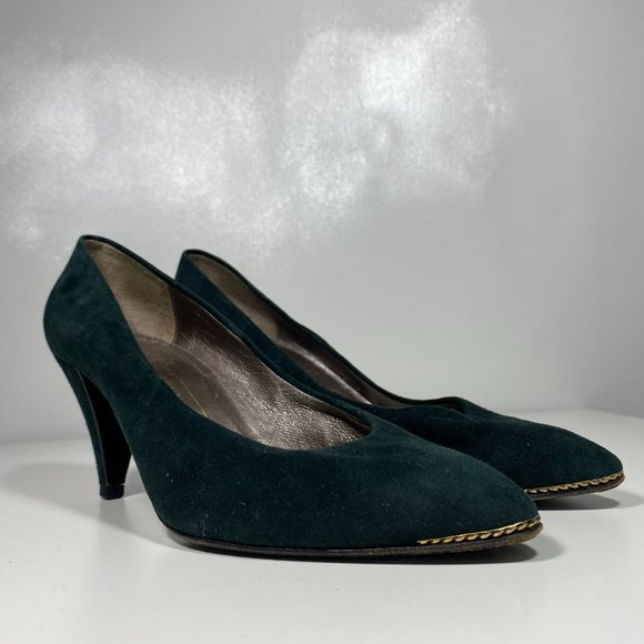 Bruno Magli Women Shoes Vintage Pump Heels Suede Emerald Green Italy Sz 7 - Picture 1 of 14